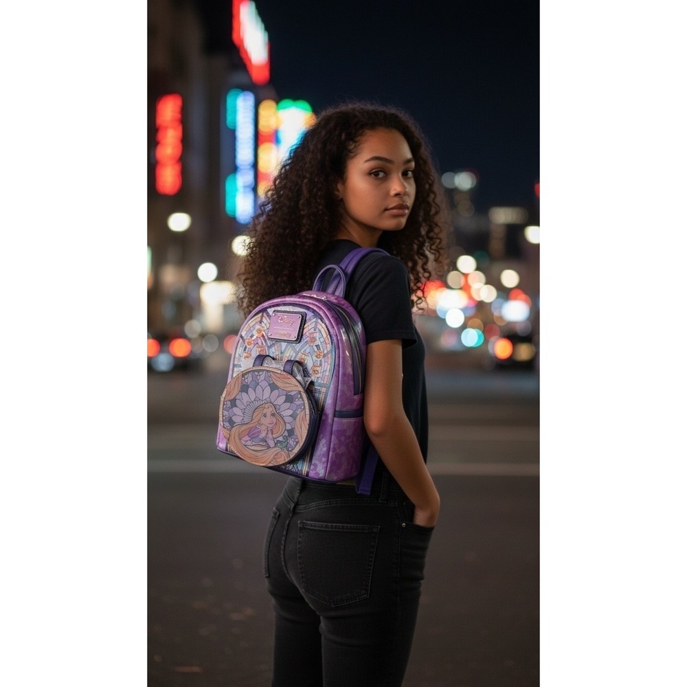 Disney Loungefly Tangled Rapunzel Stained Glass Mini Backpack Purple Iridescent